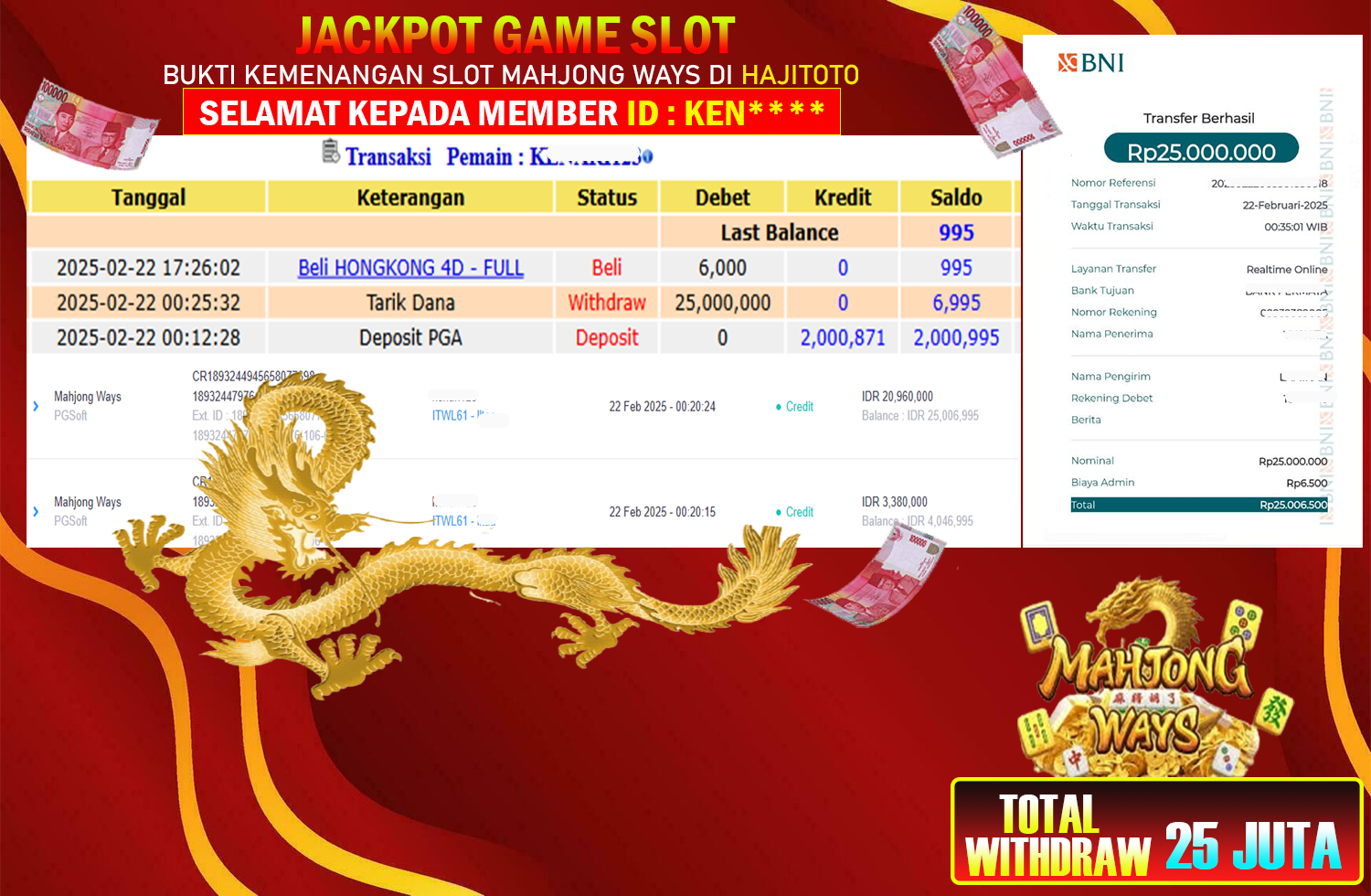 SELAMAT KEPADA PEMENANG MEMBER MERAIH JACKPOT DI GAME SLOT MAHJONG WAYS TOTAL RP 25.000.000 DI BAYAR LUNAS